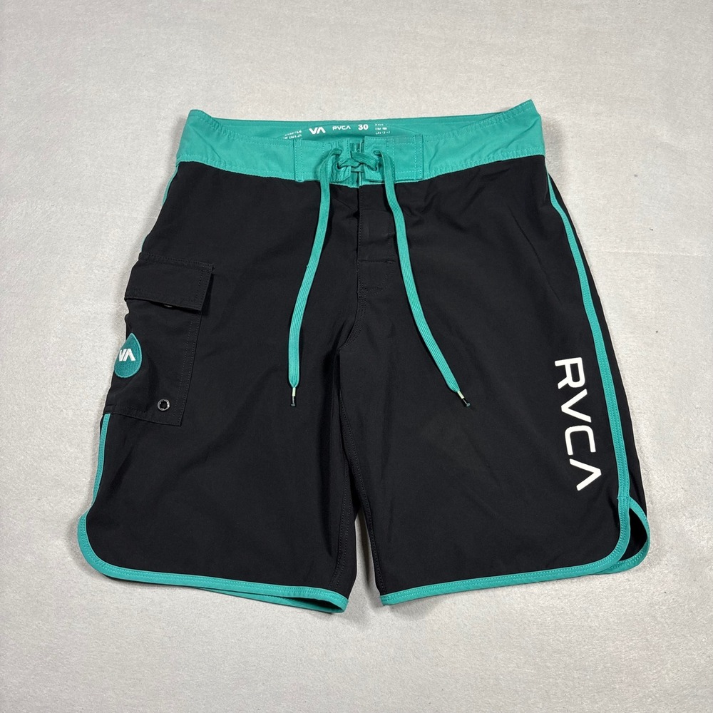 RVCA Mens Performance Stretch Board Shorts Black Teal Size 30 Swim Trunks Logo